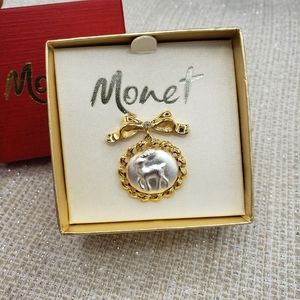 Vintage Christmas Reindeer Pin with Bow Signed Monet Brooch